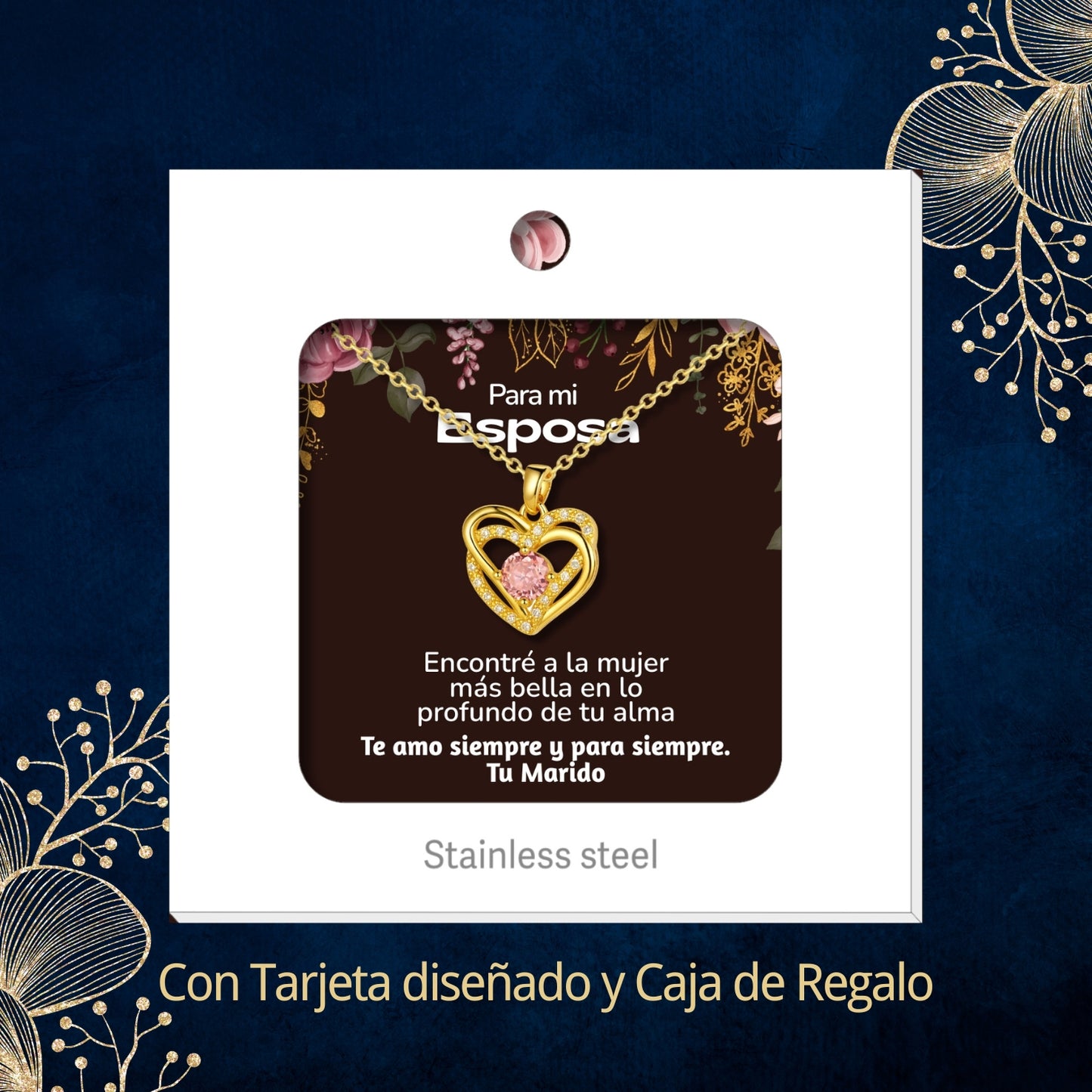 Collar Acero y colgante Cobre con Piedra Circonita para Regalar a Esposa