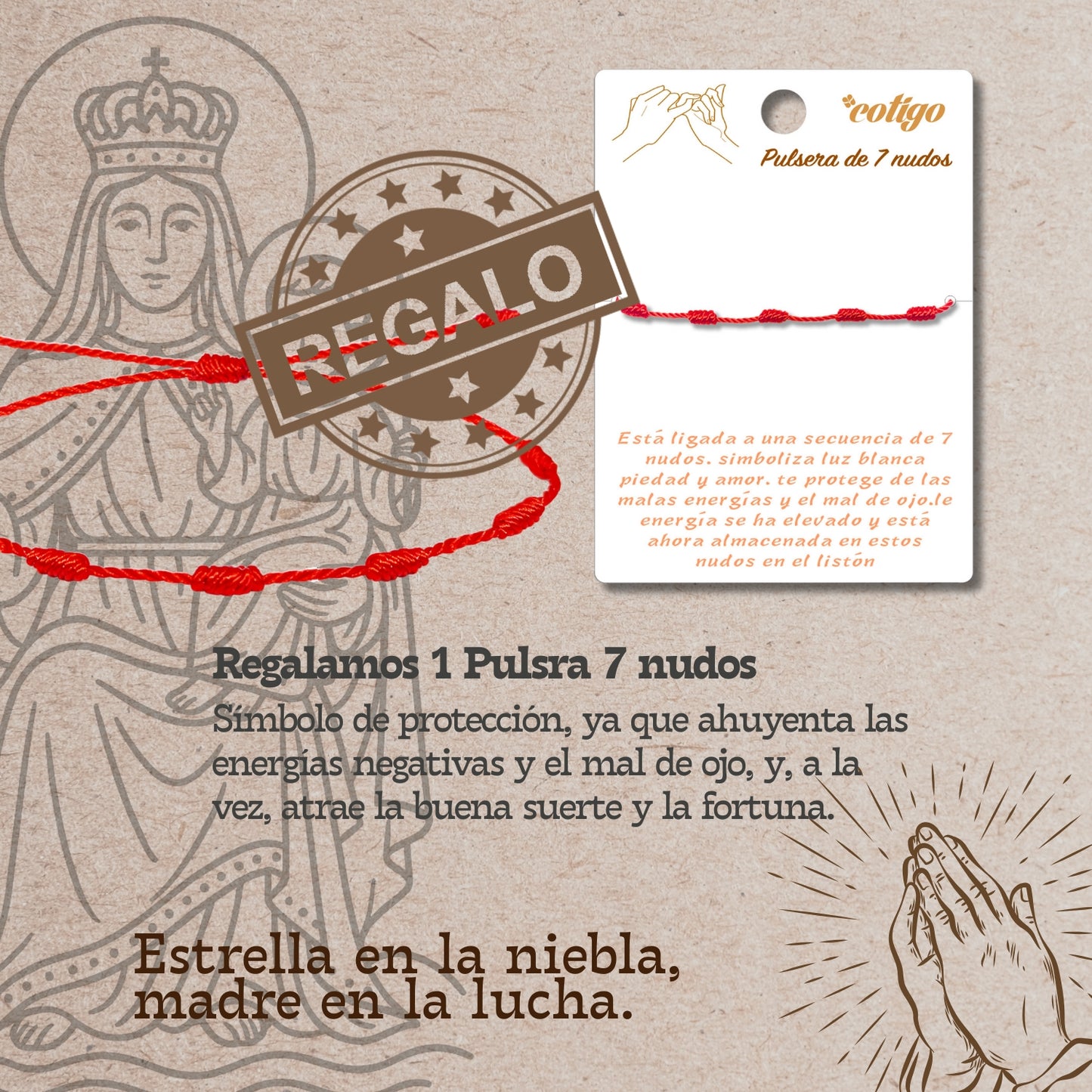 Pulsera 7 nudos con Virgen Covadonga Acero Platado