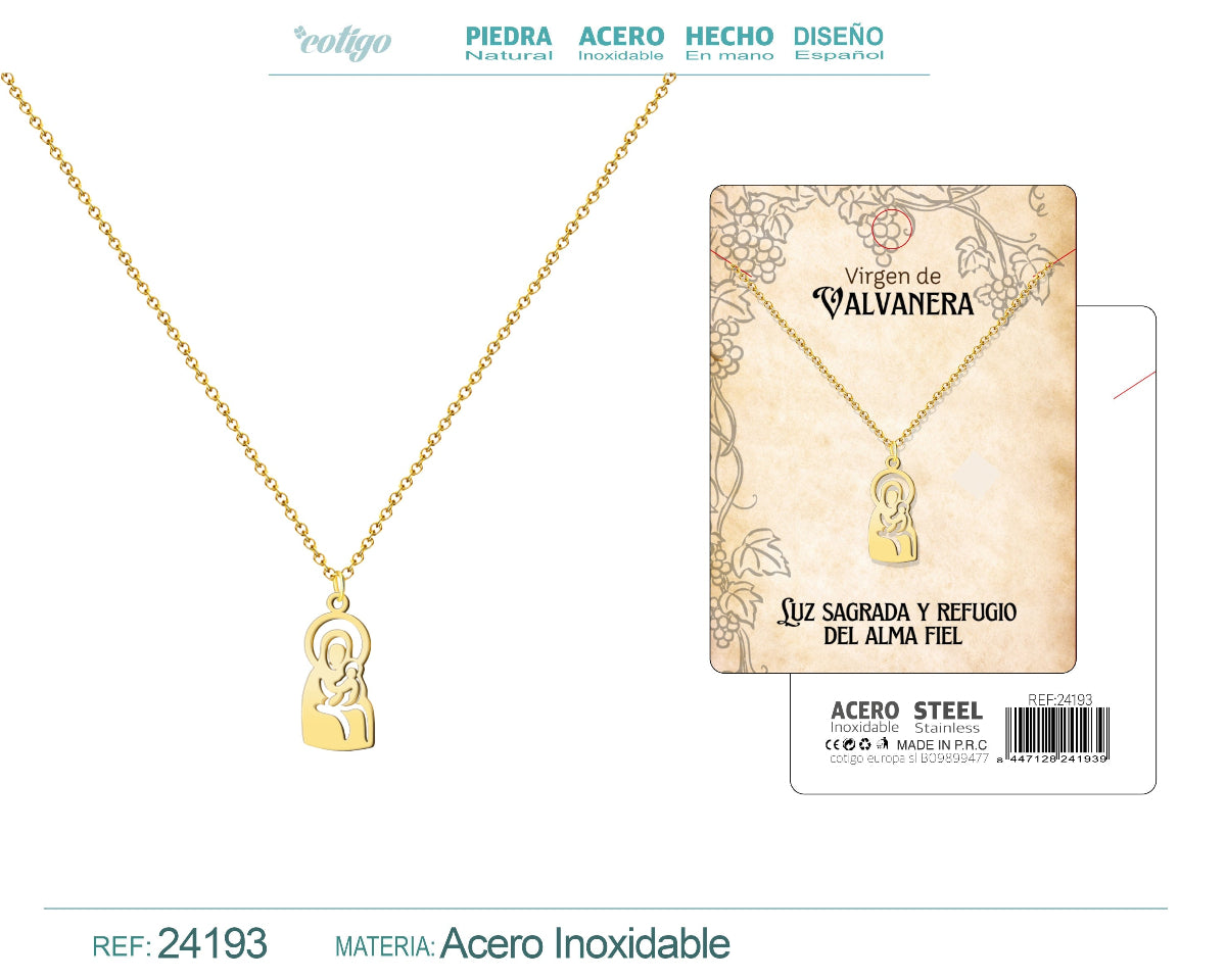 Collar con colgante silueta de la Virgen de Valvanera en acero inoxidable bañado en oro 14k con tarjeta de regalo