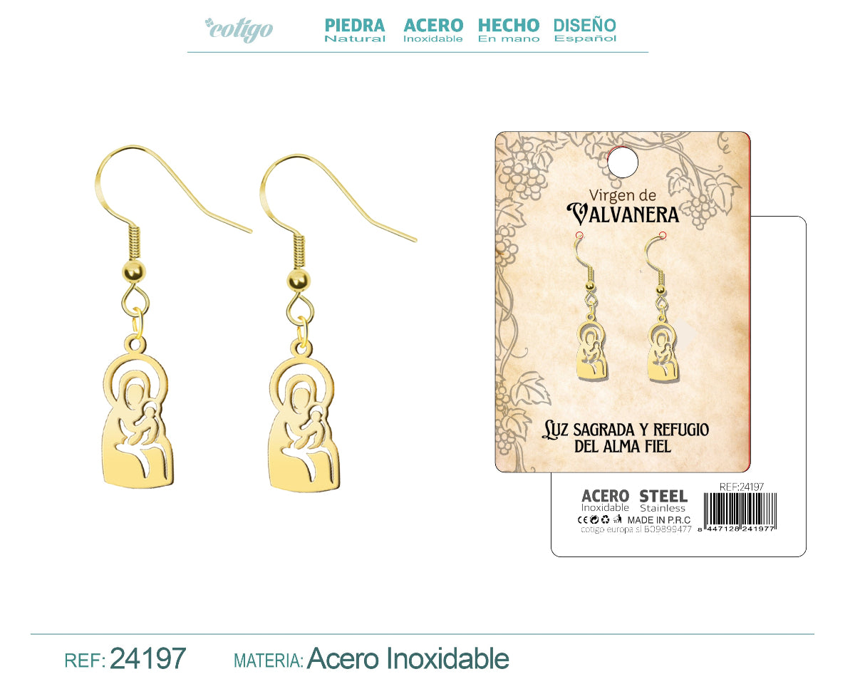 Pendientes largos con silueta calada de la Virgen de Valvanera en acero inoxidable dorado con tarjeta de presentación