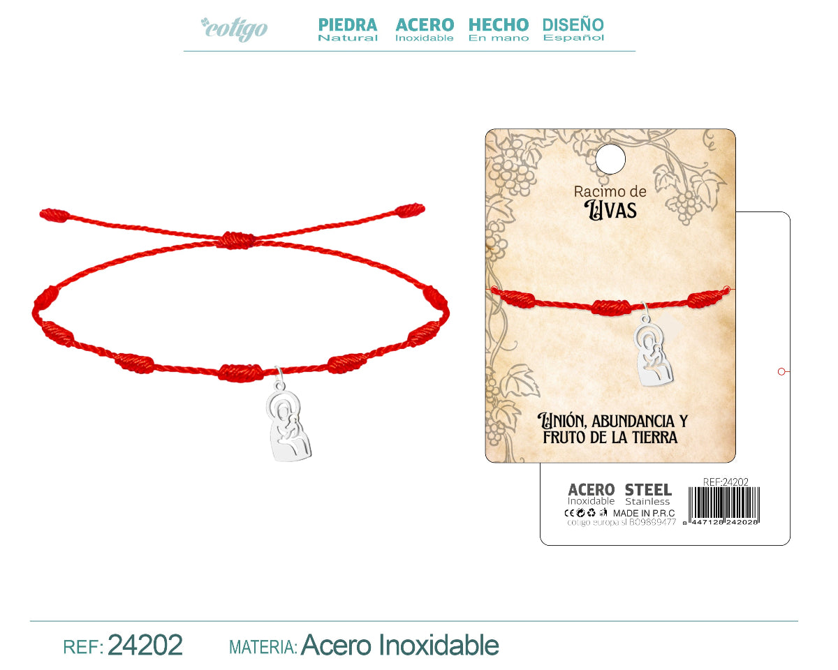 Pulsera de hilo rojo 7 nudos con medalla de la Virgen de Valvanera en acero inoxidable plateado con tarjeta de regalo