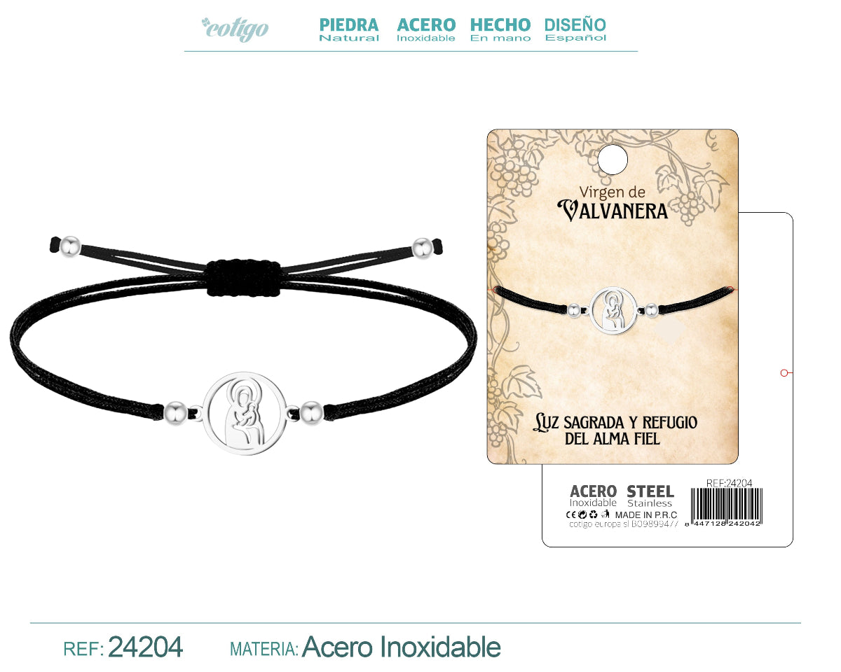Pulsera de hilo encerado negro ajustable con conector de la Virgen de Valvanera en acero inoxidable plateado y cuentas metálicas