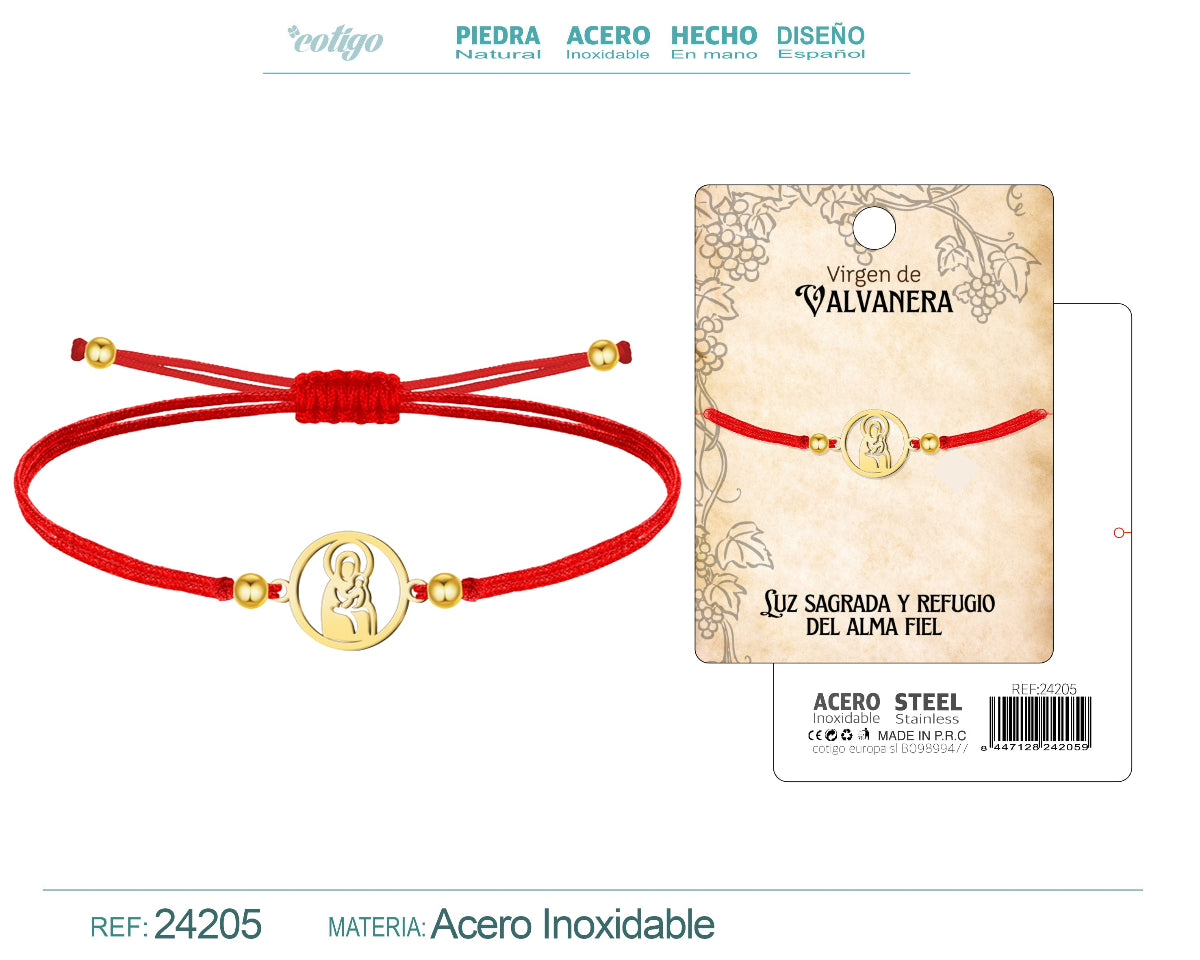 Pulsera de hilo rojo encerado ajustable con conector de la Virgen de Valvanera en acero inoxidable dorado y cuentas doradas