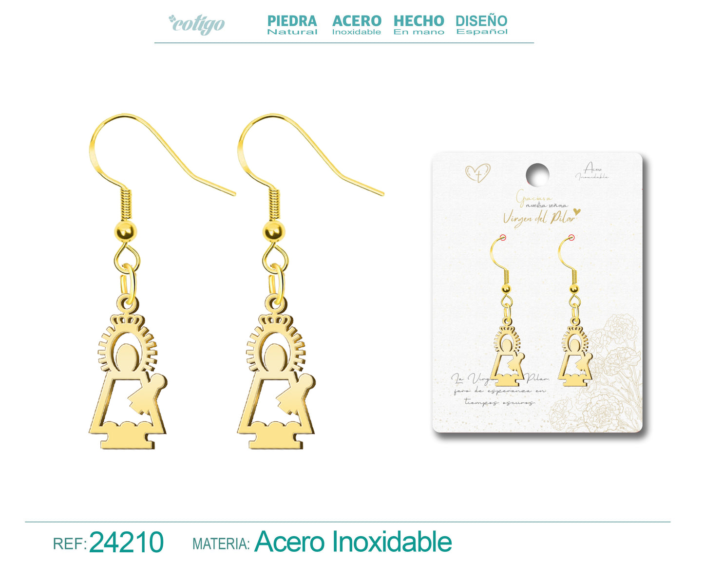 Pendientes con Silueta de Virgen del Pilar en Acero Dorado