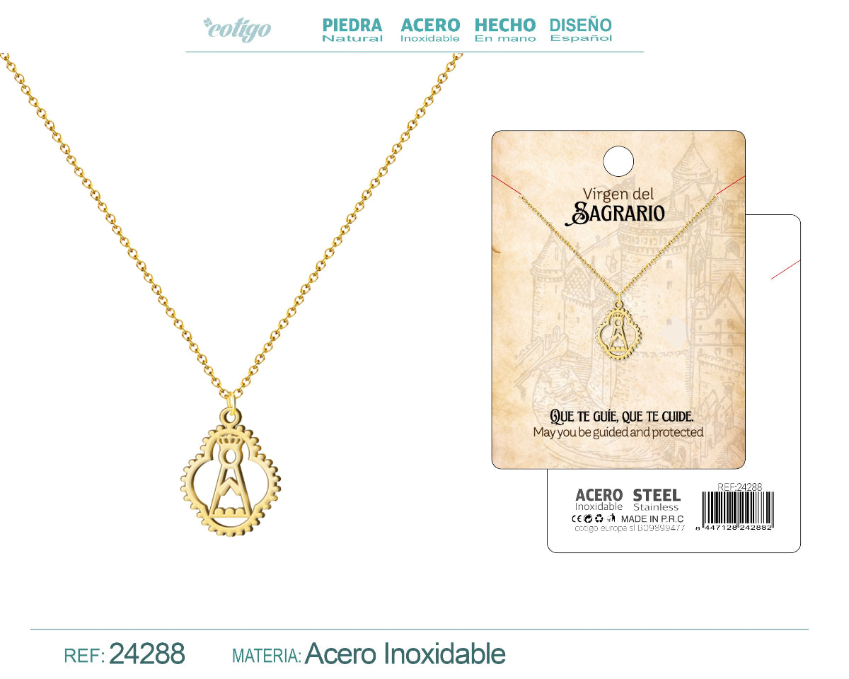 Collar con colgante silueta de la Virgen del Sagrario en acero inoxidable bañado en oro 14k con tarjeta de regalo