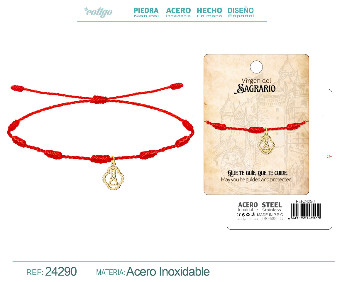 Pulsera de hilo rojo de 7 nudos con medalla de la Virgen del Sagrario en acero inoxidable dorado