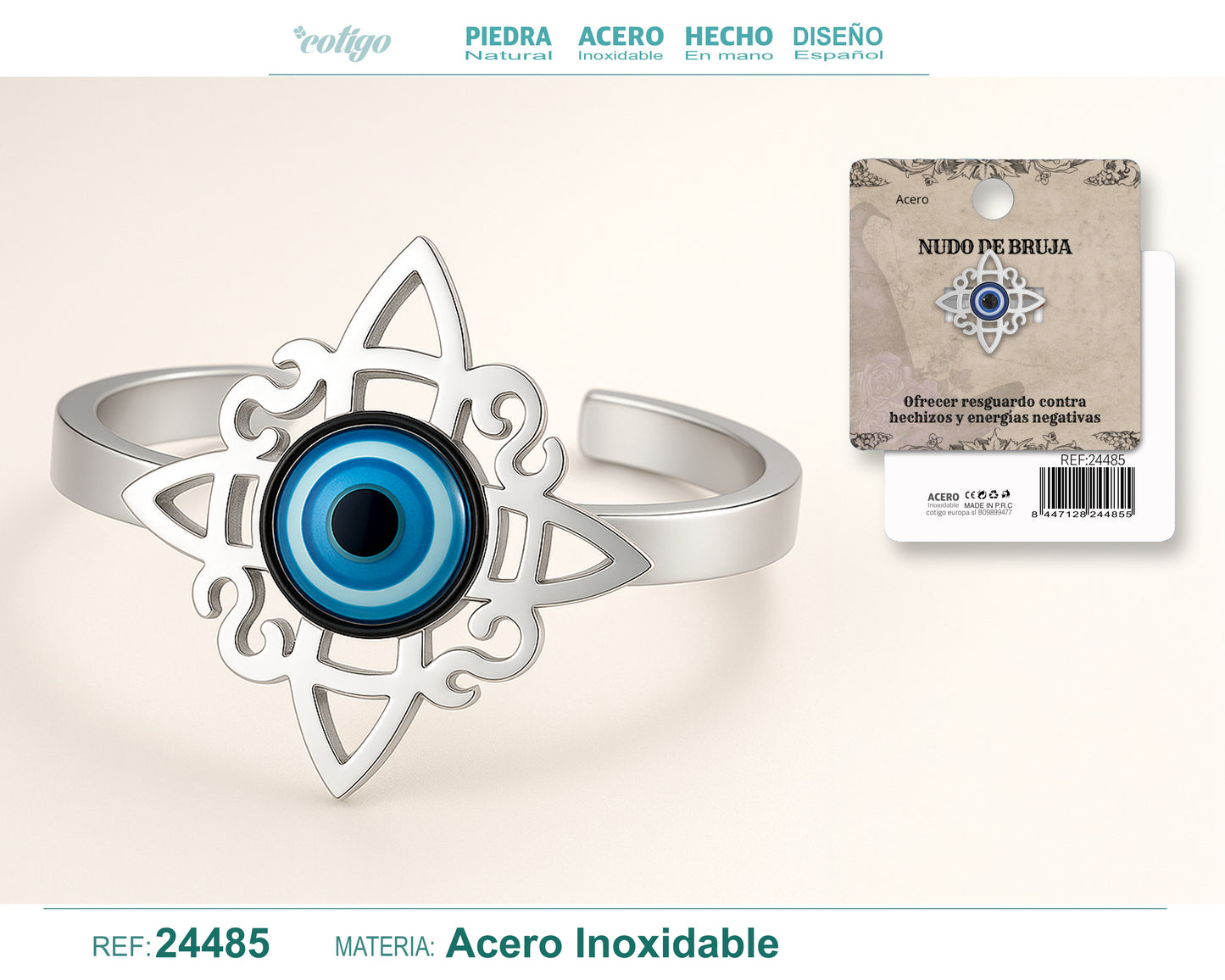 Anillo Nudo de Bruja con Ojo Turco Azul • Acero Inoxidable • Amuleto de Protección + Pulsera Roja 7 Nudos
