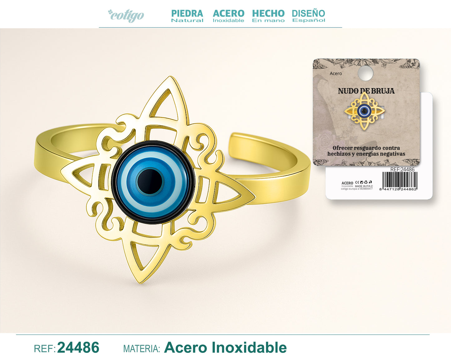 Anillo Nudo de Bruja con Ojo Turco Azul • Acero Inoxidable • Amuleto de Protección + Pulsera Roja 7 Nudos