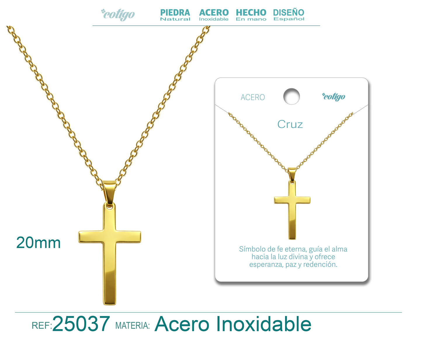 Collar con Colgante de Cruz Clásica 20mm en Acero Dorado