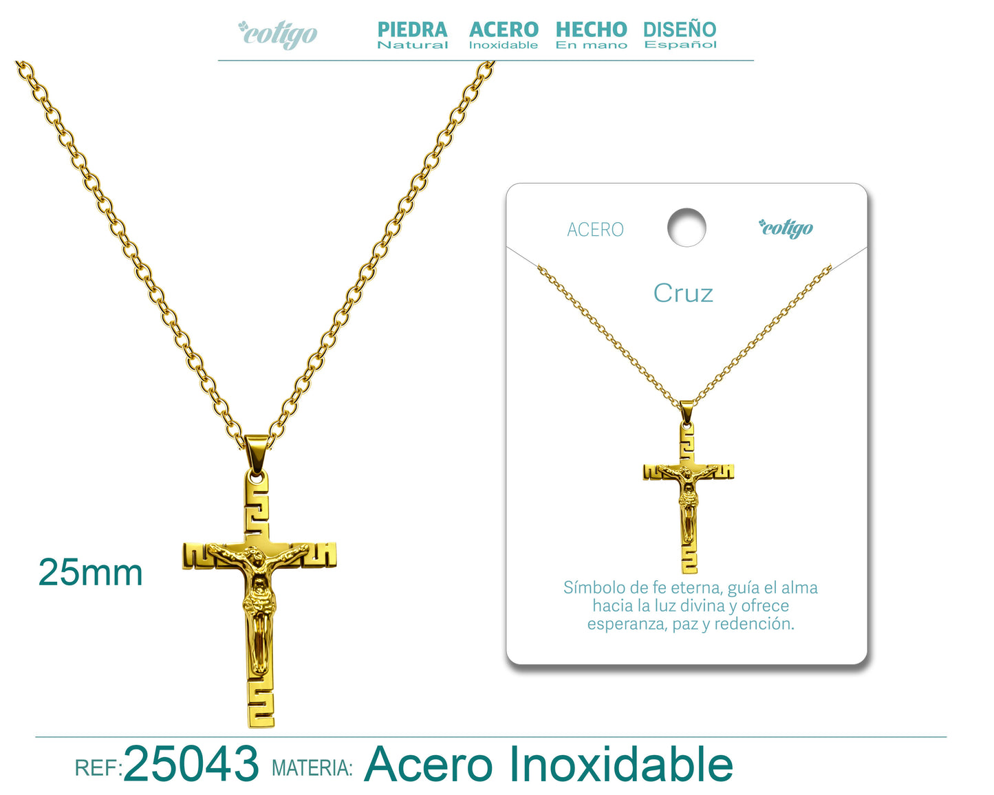 Collar Cruz con Jesús crucificado en Acero Dorado
