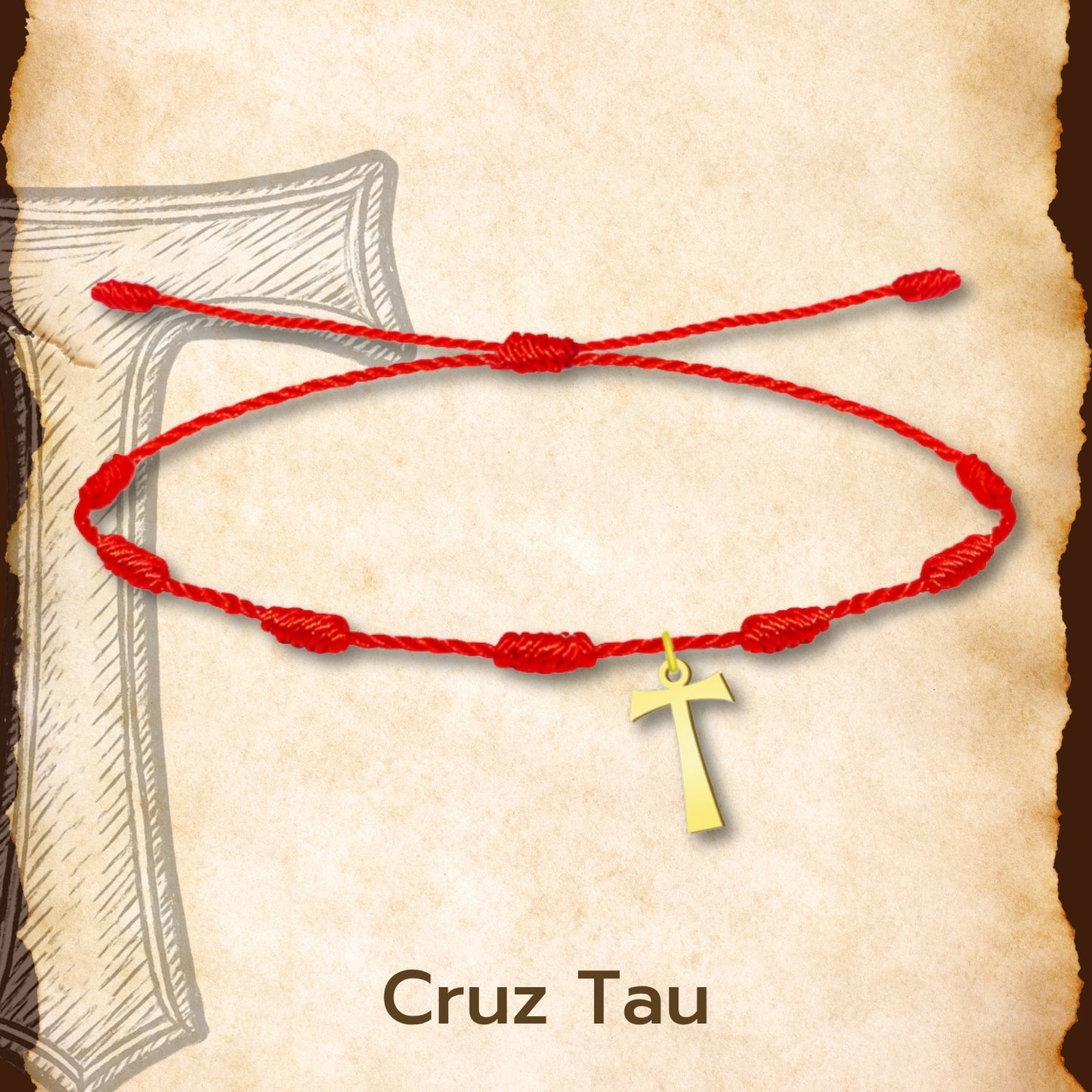 Pulsera 7 Nudos con Cruz de Tau color Dorado
