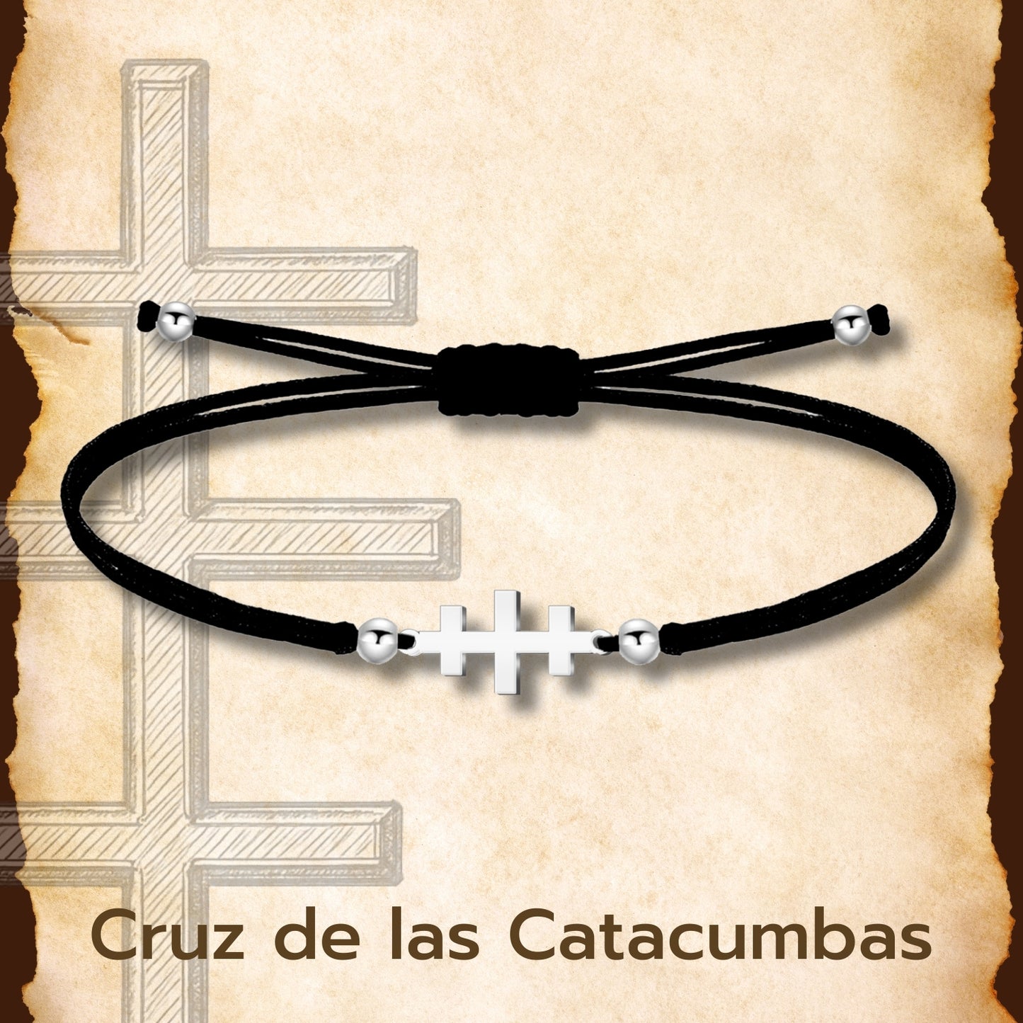 Pulsera Cruz de las Catacumbas Plateado de Hilo En.Negro