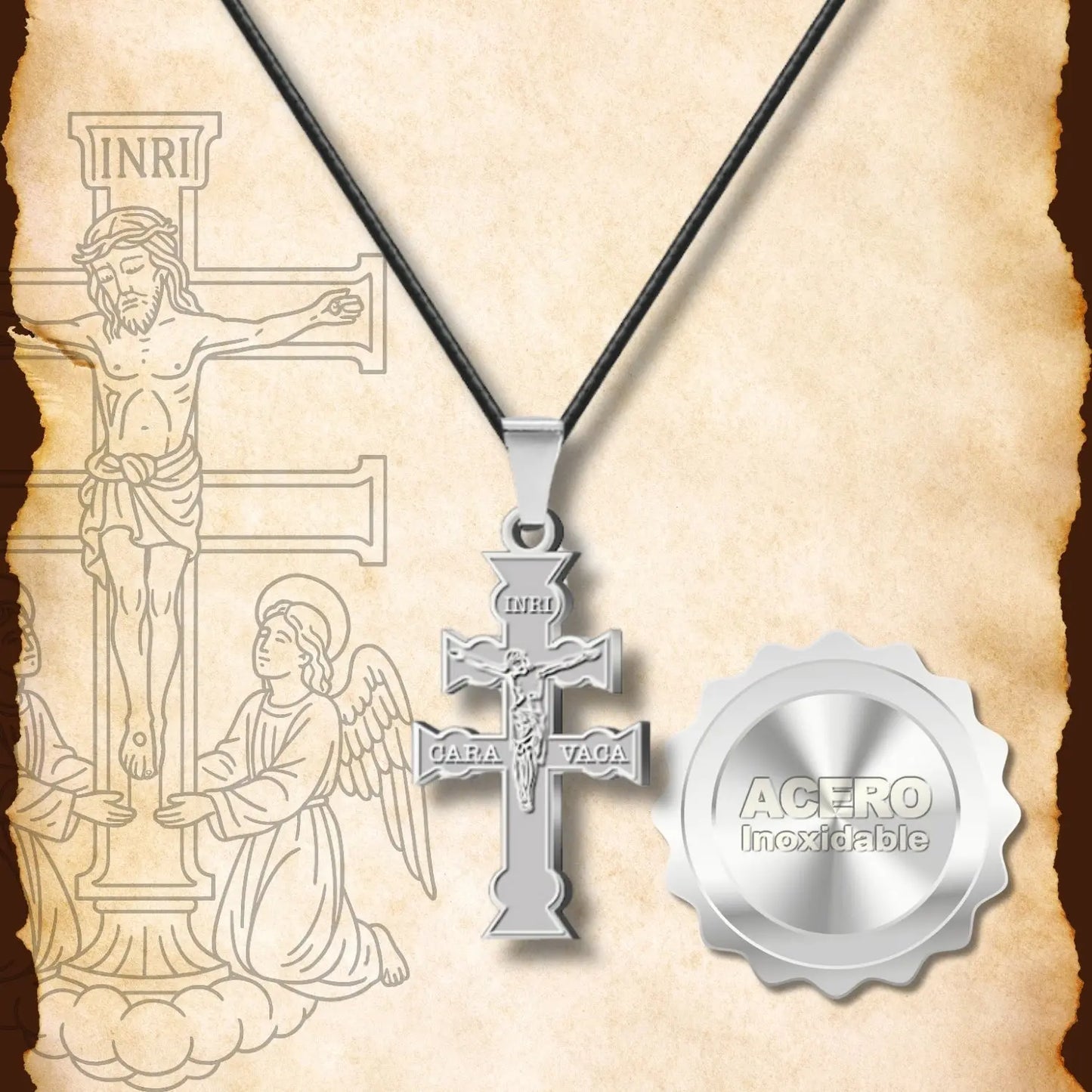 Collar Cruz de Caravaca con Cristo en Acero y Cordón - cotigo