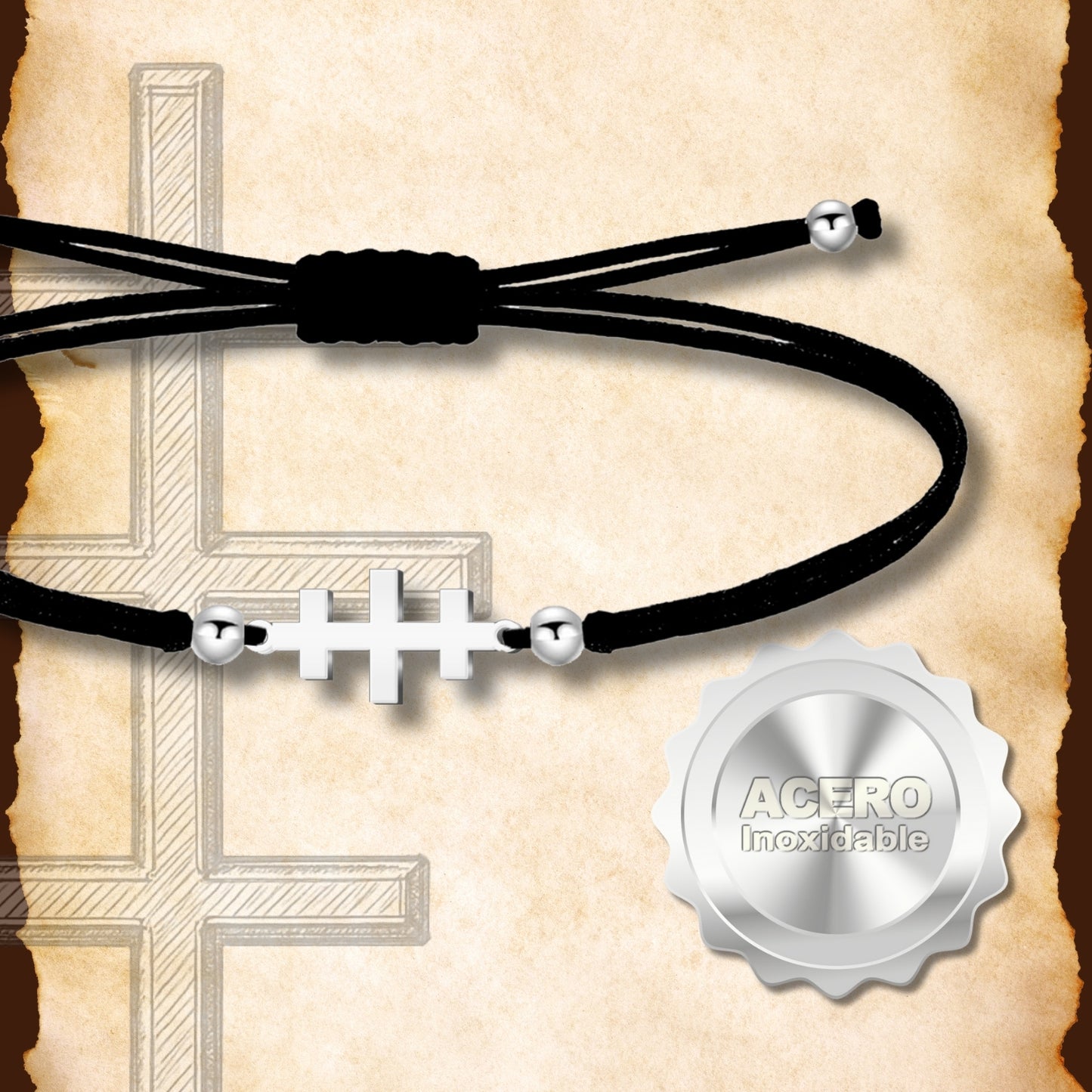 Pulsera Cruz de las Catacumbas Plateado de Hilo En.Negro