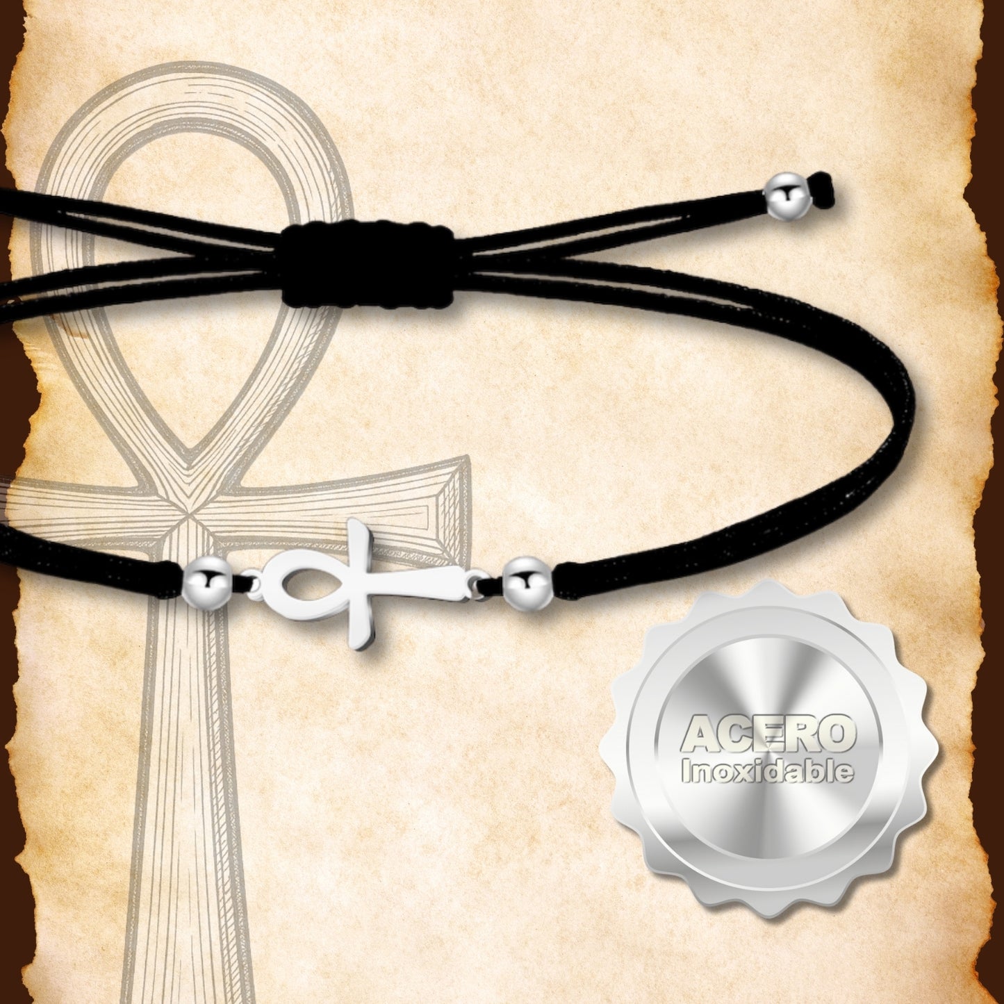 Pulsera Cruz Egipcia Plateado de Hilo En.Negro