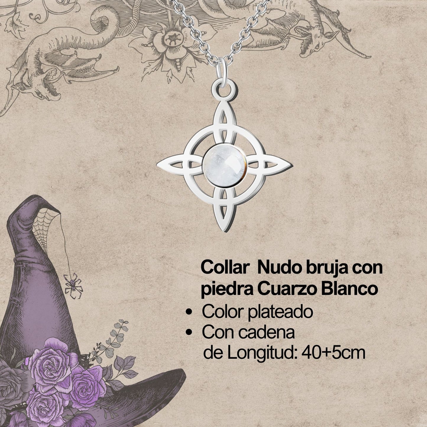 Colgante Nudo bruja Acero con Cuarzo Blanco