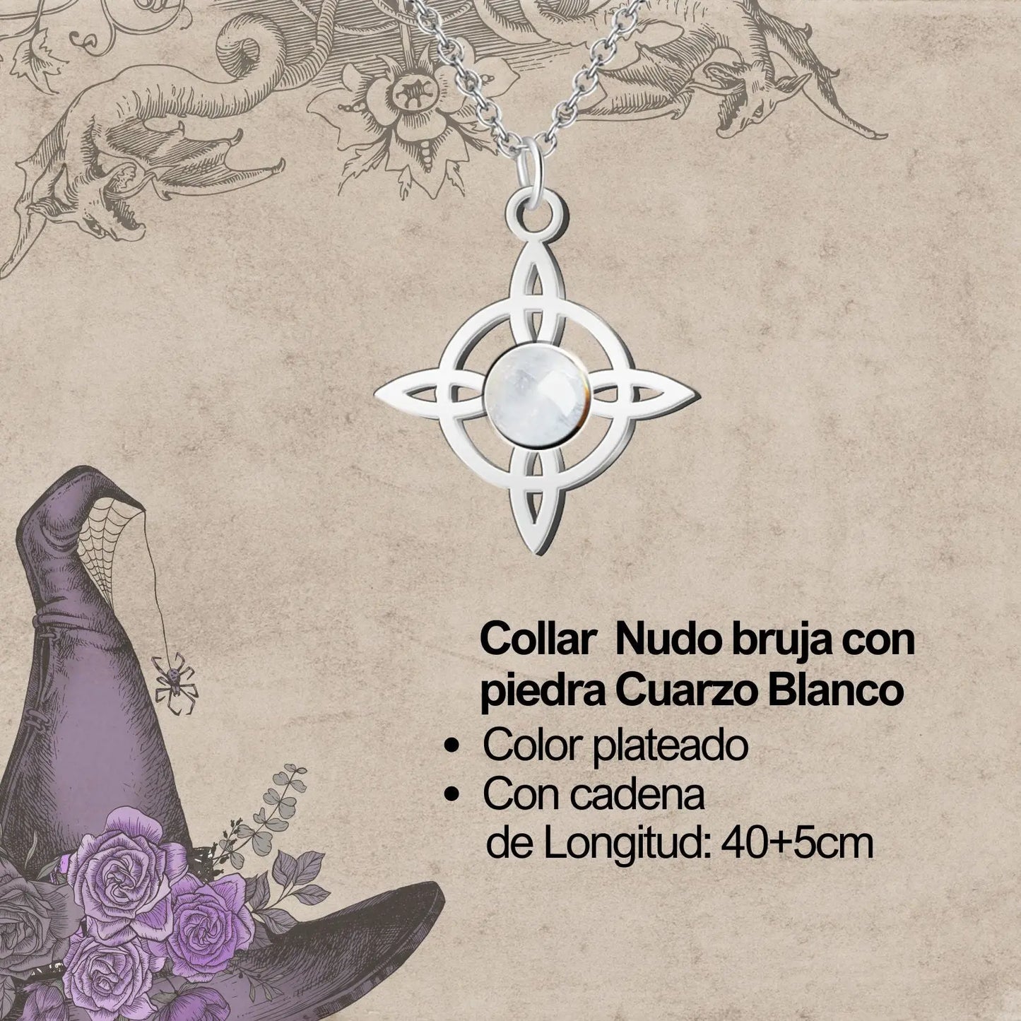 Colgante Nudo de Bruja Acero con Cuarzo Blanco - cotigo