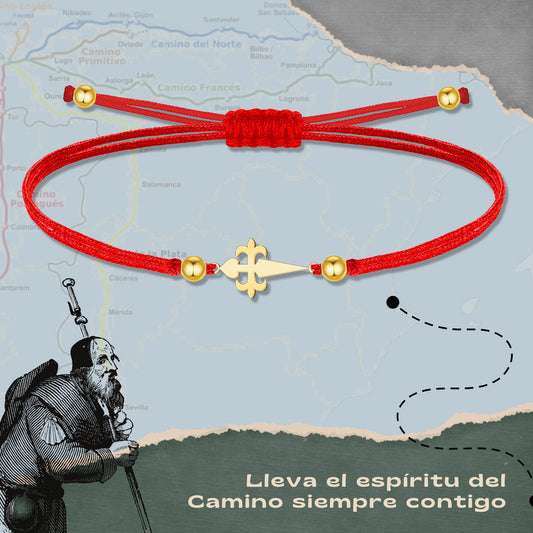 Pulsera Hilo Rojo con Cruz Santiago en Acero Dorado