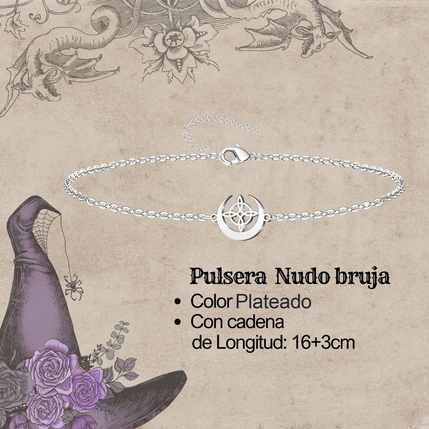 Pulsera Nudo bruja Acero Inoxidable color Plateado