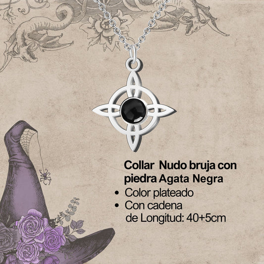 Colgante Nudo de Bruja con Agata Negra en Acero Plateado