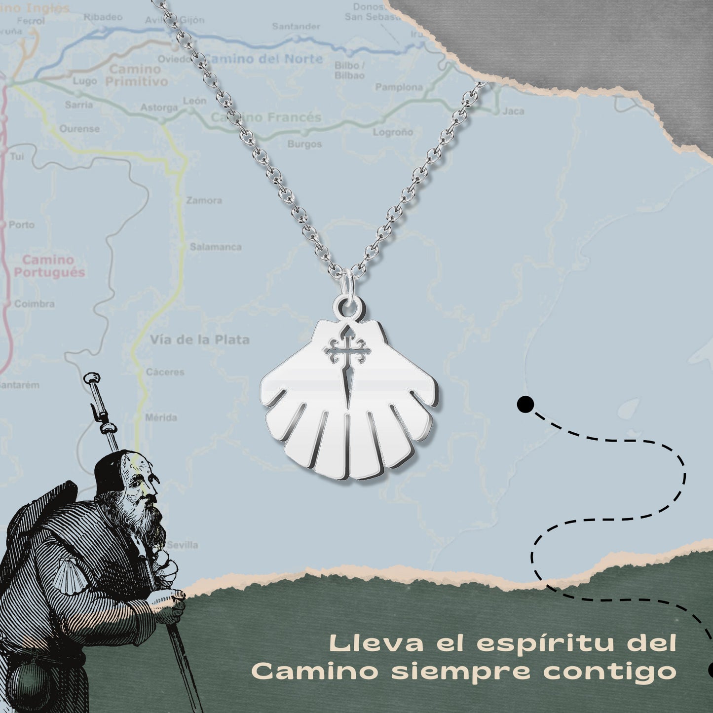 Collar del Camino de Santiago - Conchas de Santiago, recuerdos ruta del peregrino, cruz de santiago, joyas mujer + regalo una pulsera de 7 nudos.