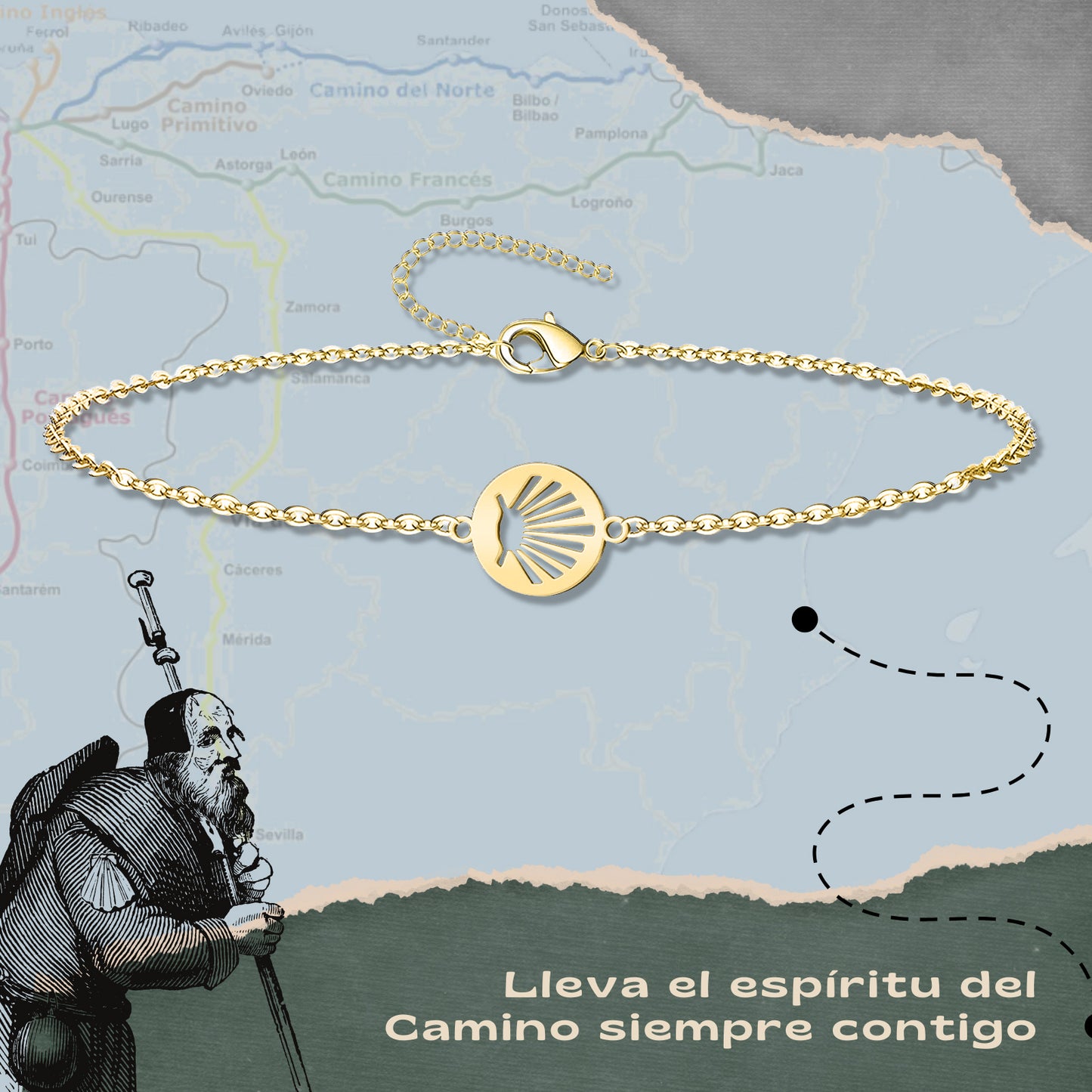 Pulsera del Camino de Santiago - Conchas de Santiago, recuerdos ruta del peregrino, cruz de santiago, joyas mujer + regalo una pulsera de 7 nudos.