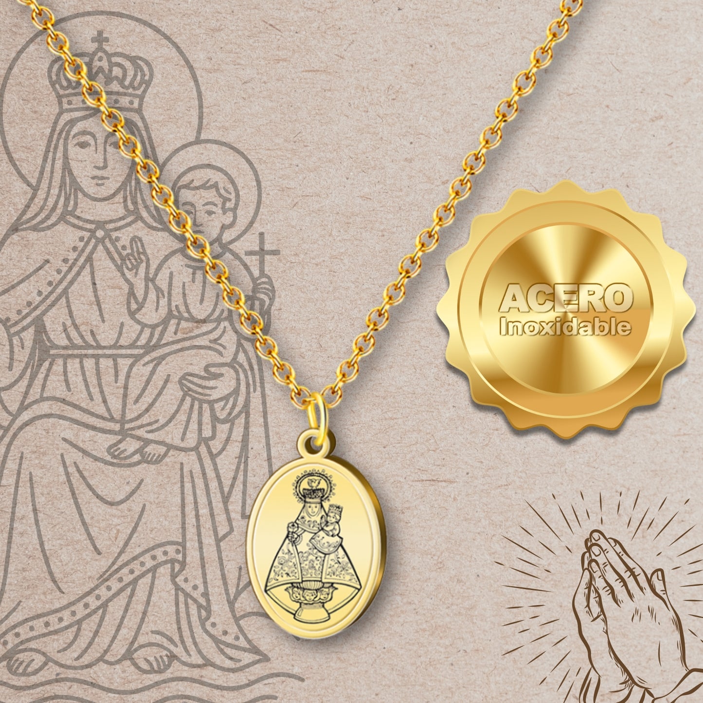 Collar Virgen de España Acero inoxidable, colgante Virgen del Pilar, Virgen de Rocío,Virgen de Covadonga