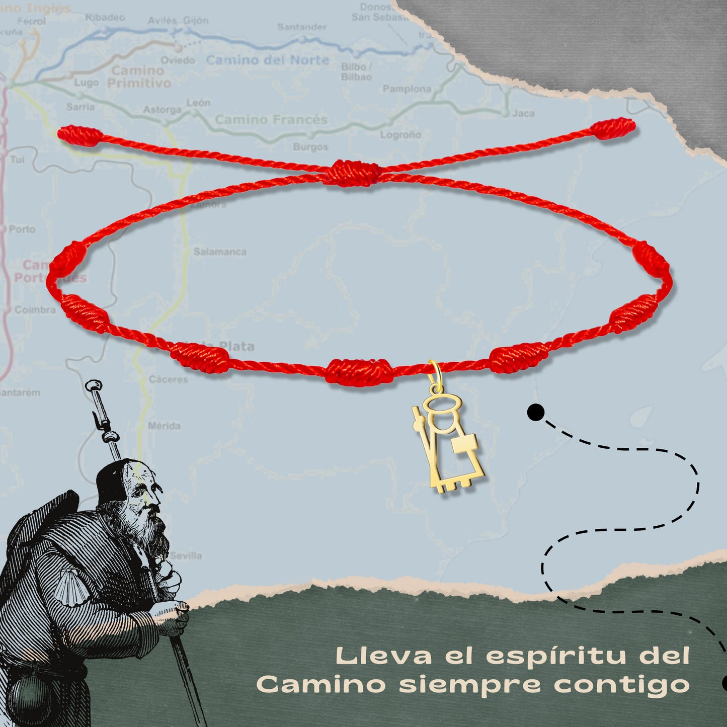 Pulsera del Camino de Santiago - Conchas de Santiago, recuerdos ruta del peregrino, cruz de santiago, joyas mujer + regalo una pulsera de 7 nudos.