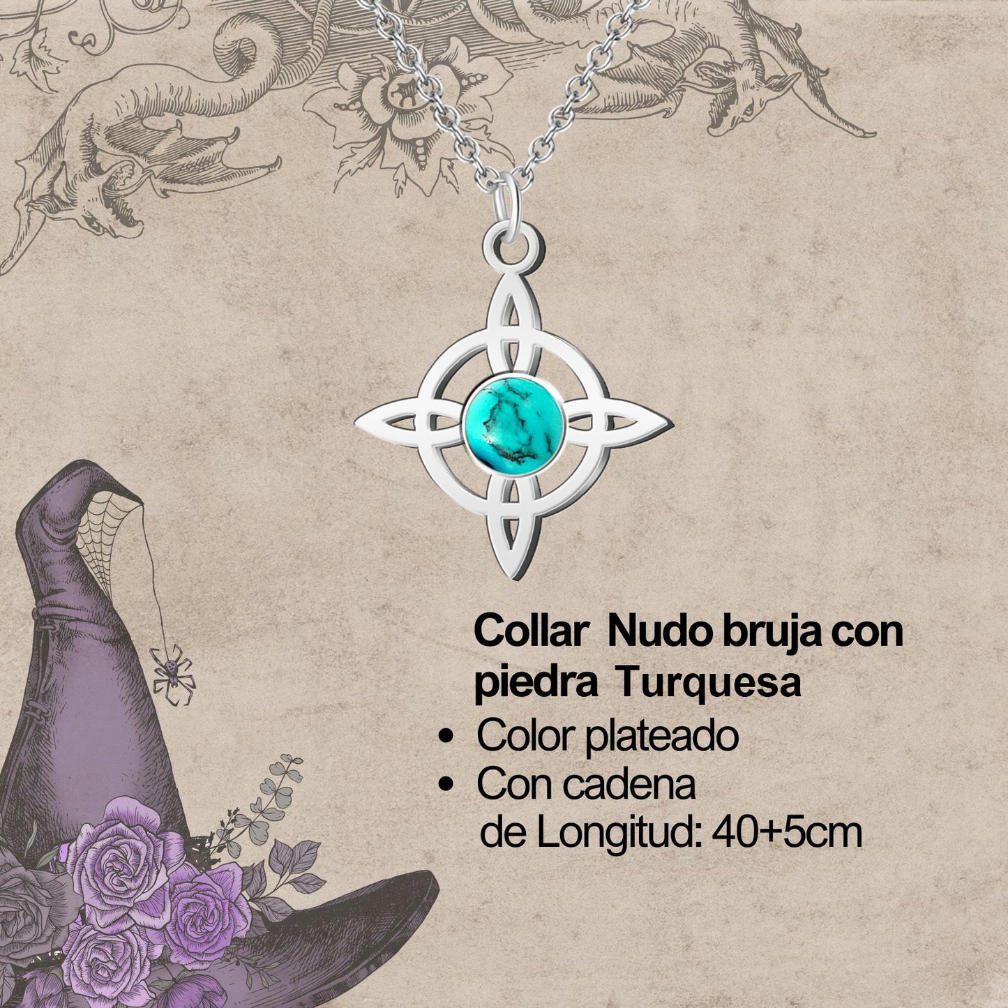 Colgante Nudo bruja Acero con Turquesa
