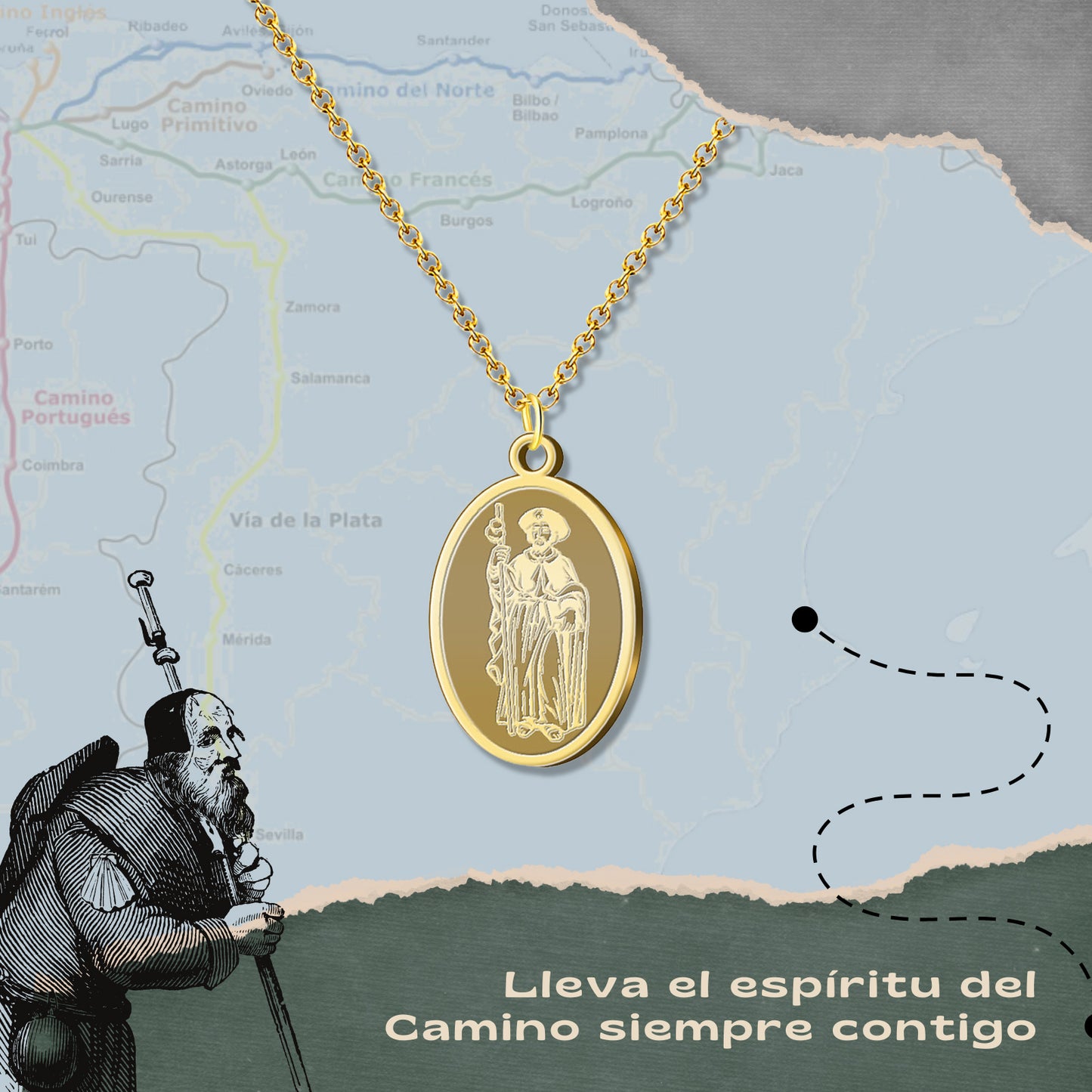 Collar del Camino de Santiago - Conchas de Santiago, recuerdos ruta del peregrino, cruz de santiago, joyas mujer + regalo una pulsera de 7 nudos.