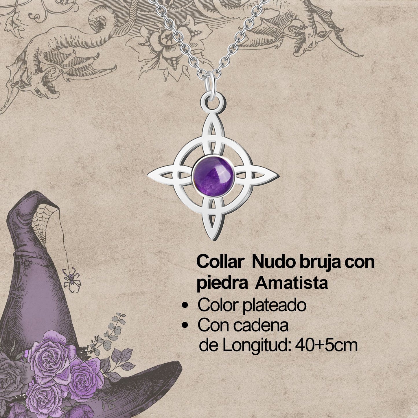 Colgante Nudo bruja Acero con Amatista