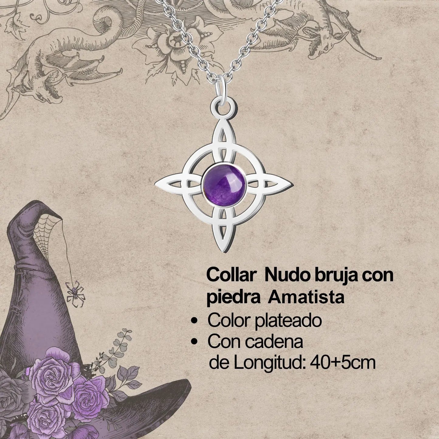 Colgante Nudo de Bruja Acero con Amatista - cotigo