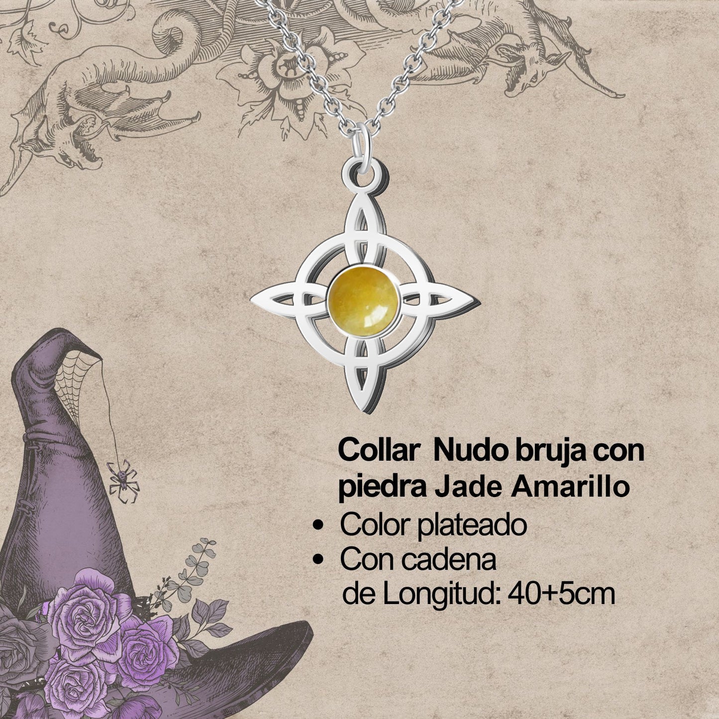 Colgante Nudo bruja Acero con Jade amarilla