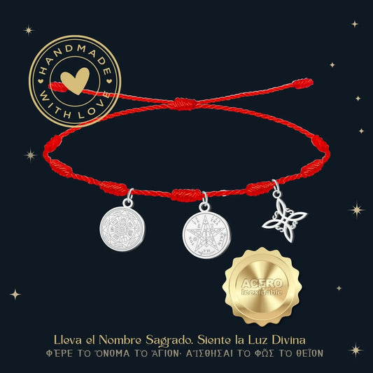 Pulsera 7 Nudos con Colgante Plateado: Tetragrammaton, Nudo de Bruja y Arcángeles - cotigo