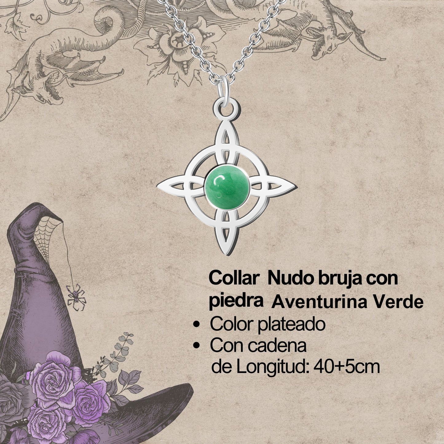 Colgante Nudo bruja Acero con Aventurina Verde