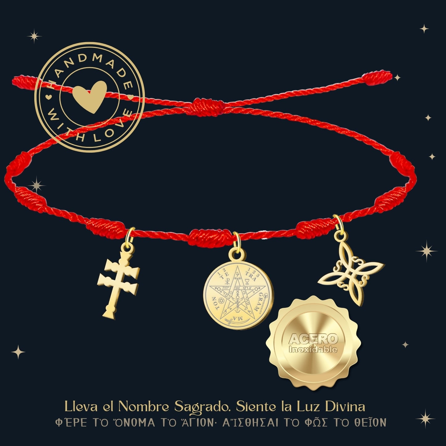 Pulsera 7 nudos con Nudo de Bruja y Tetragramatón, y Cruz Caravaca Dorado Acero Inoxidable