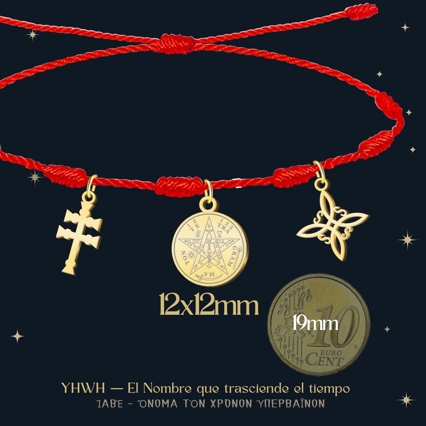 Pulsera 7 nudos con Nudo de Bruja y Tetragramatón, y Cruz Caravaca Dorado Acero Inoxidable