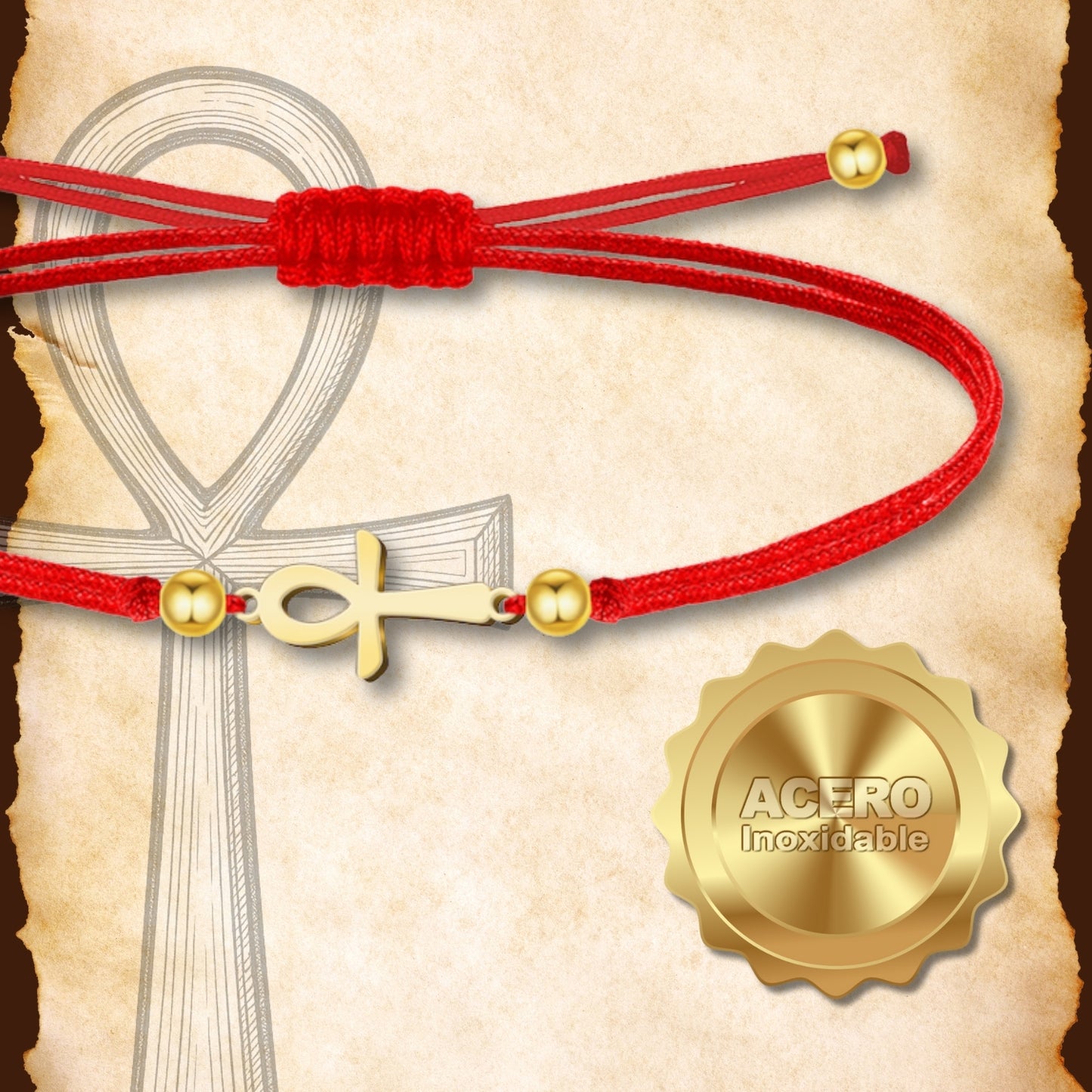 Pulsera Cruz Egipcia Dorado de Hilo En.Rojo