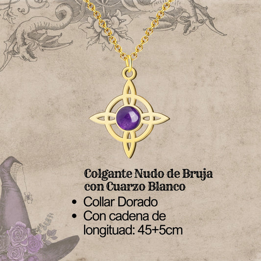 Colgante Nudo de Bruja con Amatista en Acero Dorado