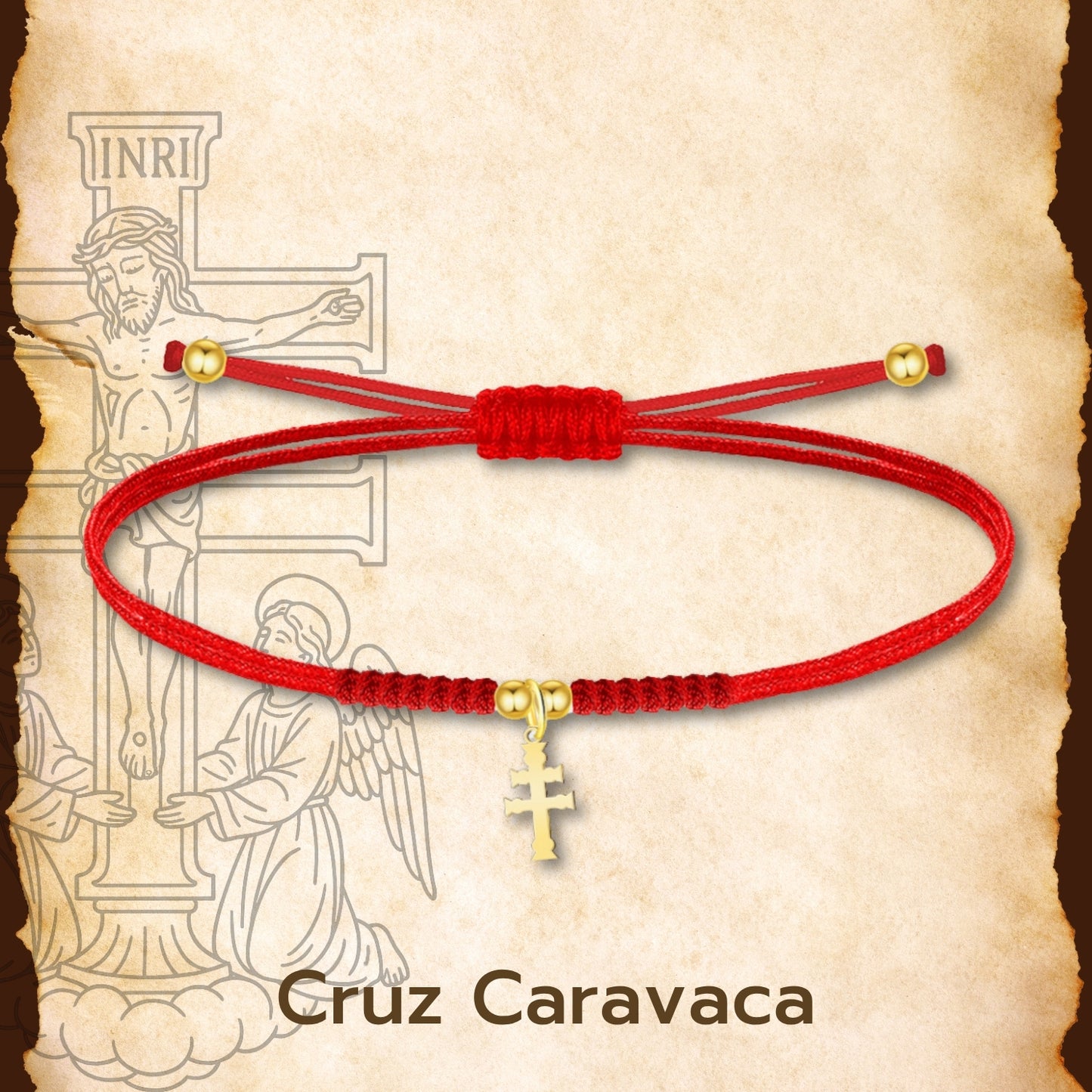 Pulsera Hilo encerado con Cruz Caravaca Acero Dorado