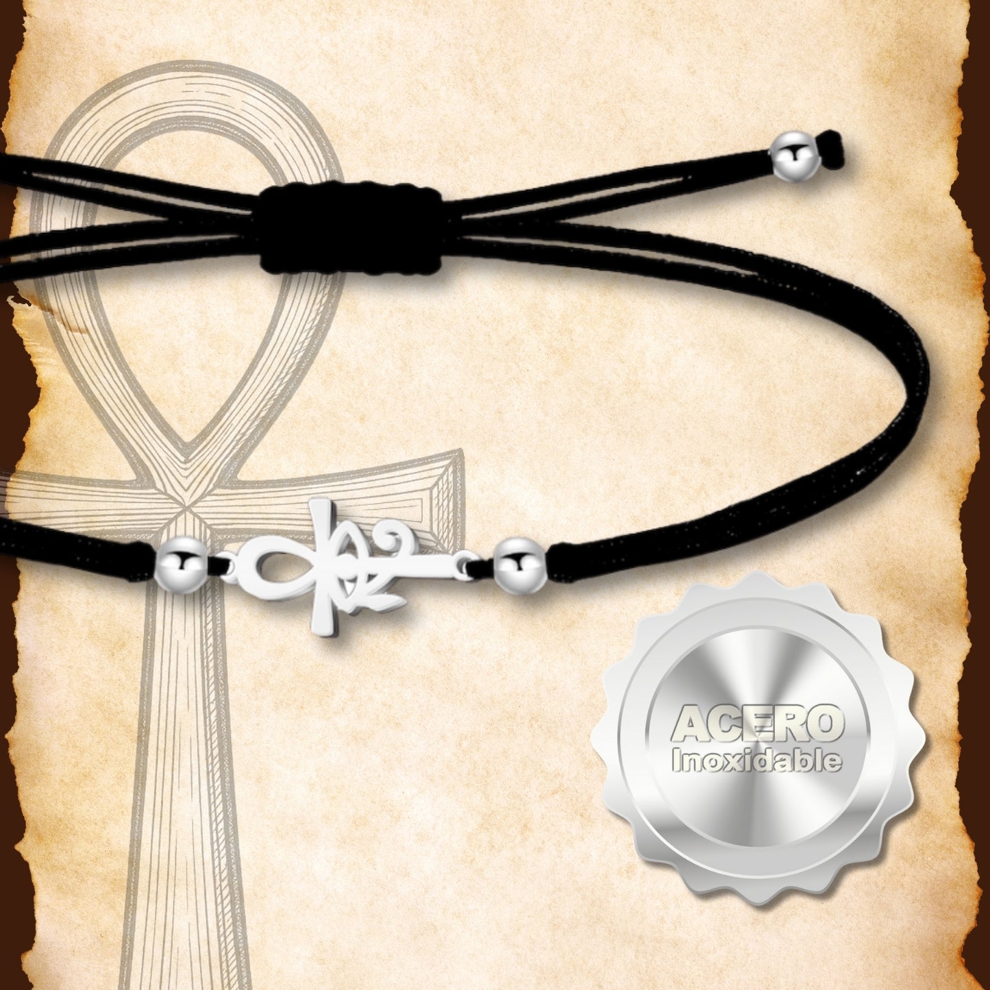 Pulsera Cruz Egipcia y Ojo Horus Plateado de Hilo En.Negro