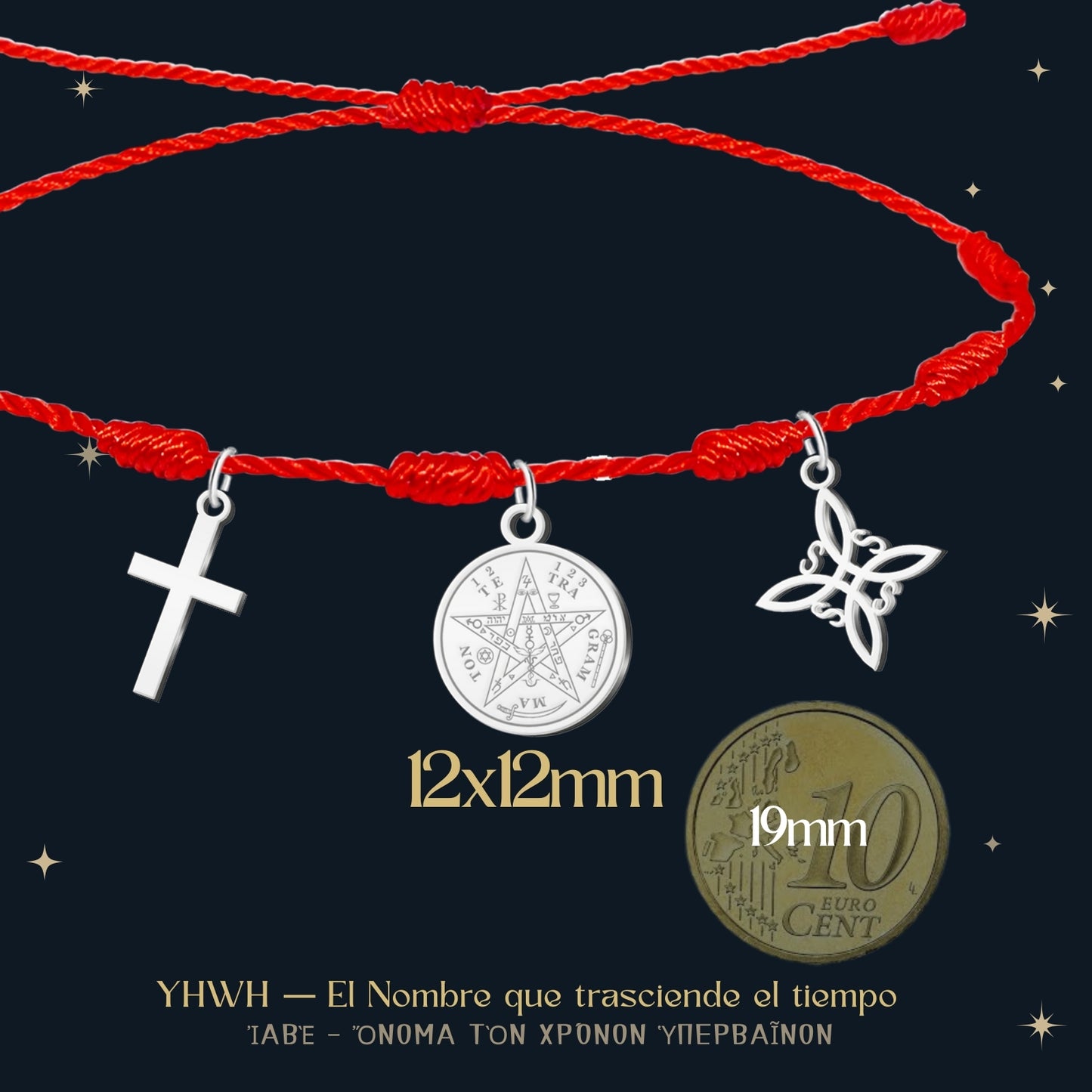 Pulsera 7 nudos con Nudo de Bruja y Tetragramatón, y Cruz Latina Plateado Acero Inoxidable