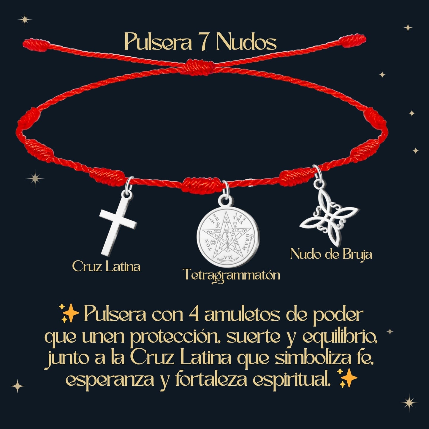 Pulsera 7 nudos con Nudo de Bruja y Tetragramatón, y Cruz Latina Plateado Acero Inoxidable