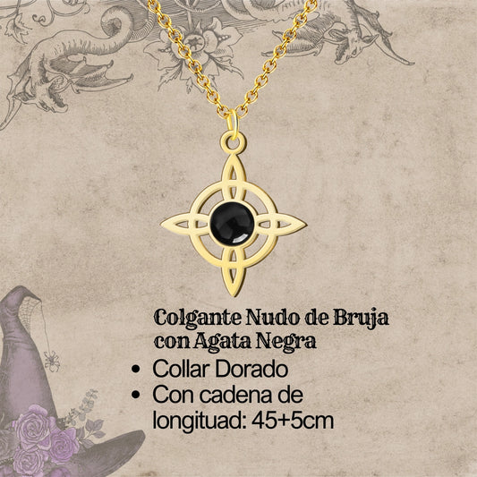 Colgante Nudo de Bruja con Agata Negra en Acero Dorado