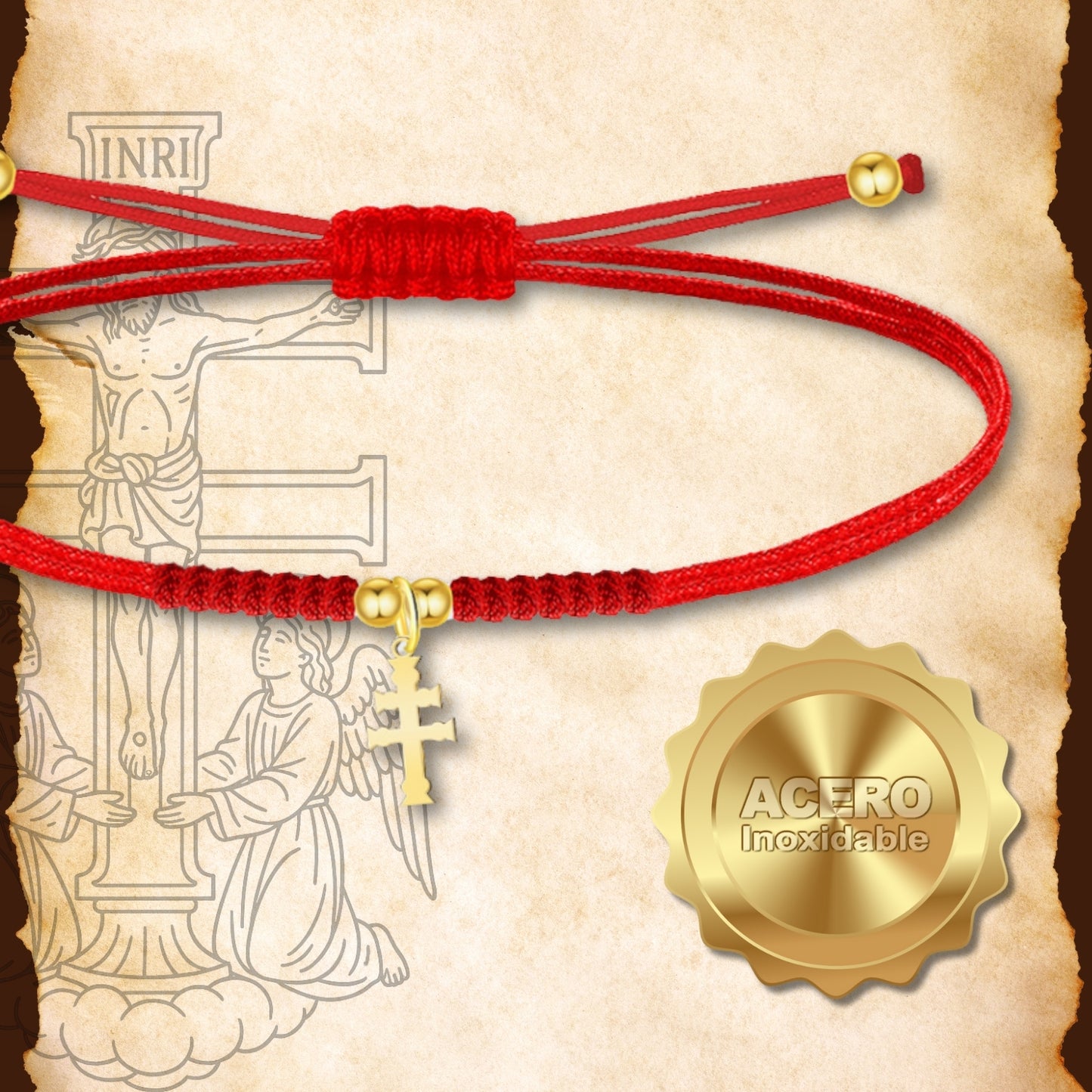 Pulsera Hilo encerado con Cruz Caravaca Acero Dorado