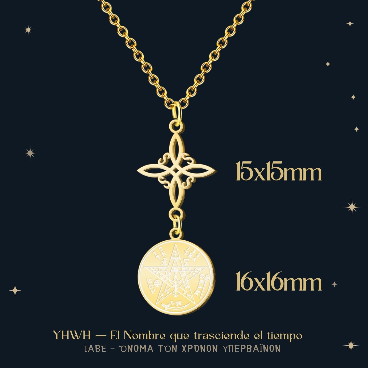Colgante Tetragramaton con Nudo de Bruja Acero color Dorado