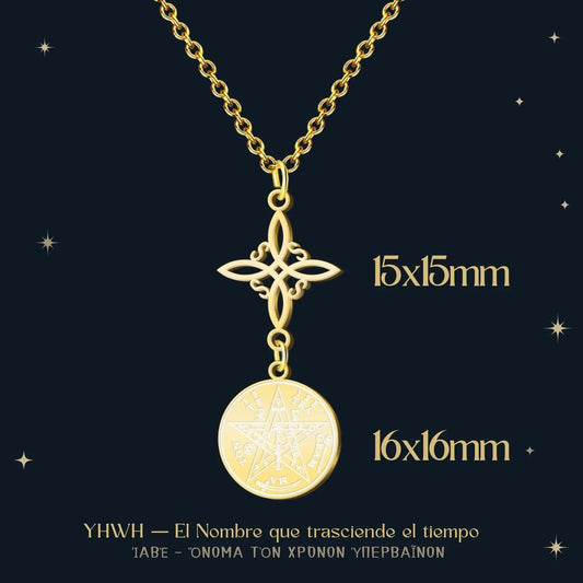 Colgante Medalla de Tetragrammaton y Nudo de Bruja en Acero Dorado - cotigo