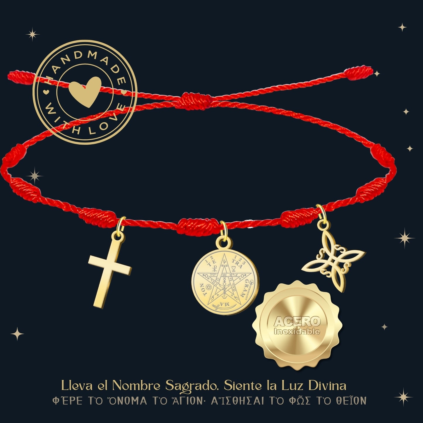 Pulsera 7 nudos con Nudo de Bruja y Tetragramatón, y Cruz Latina Dorado Acero Inoxidable
