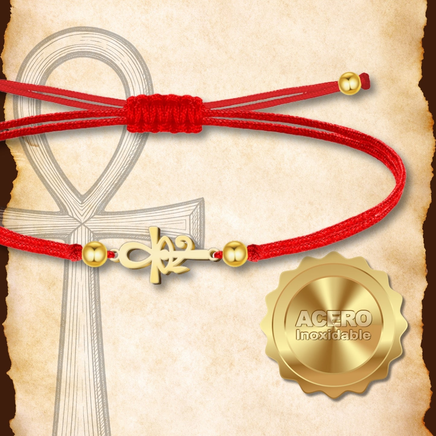 Pulsera Cruz Egipcia y Ojo Horus Dorado de Hilo En.Rojo