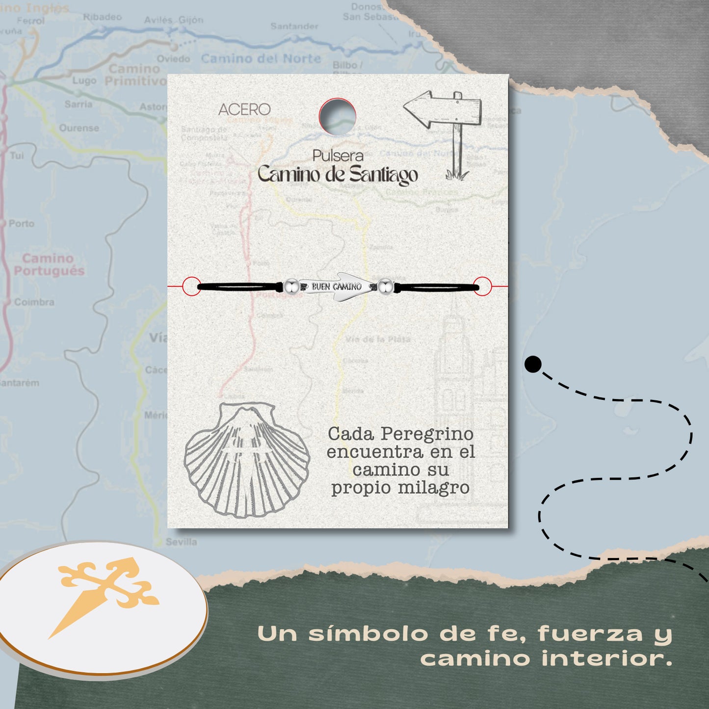 Pulsera del Camino de Santiago - Conchas de Santiago, recuerdos ruta del peregrino, cruz de santiago, joyas mujer + regalo una pulsera de 7 nudos.